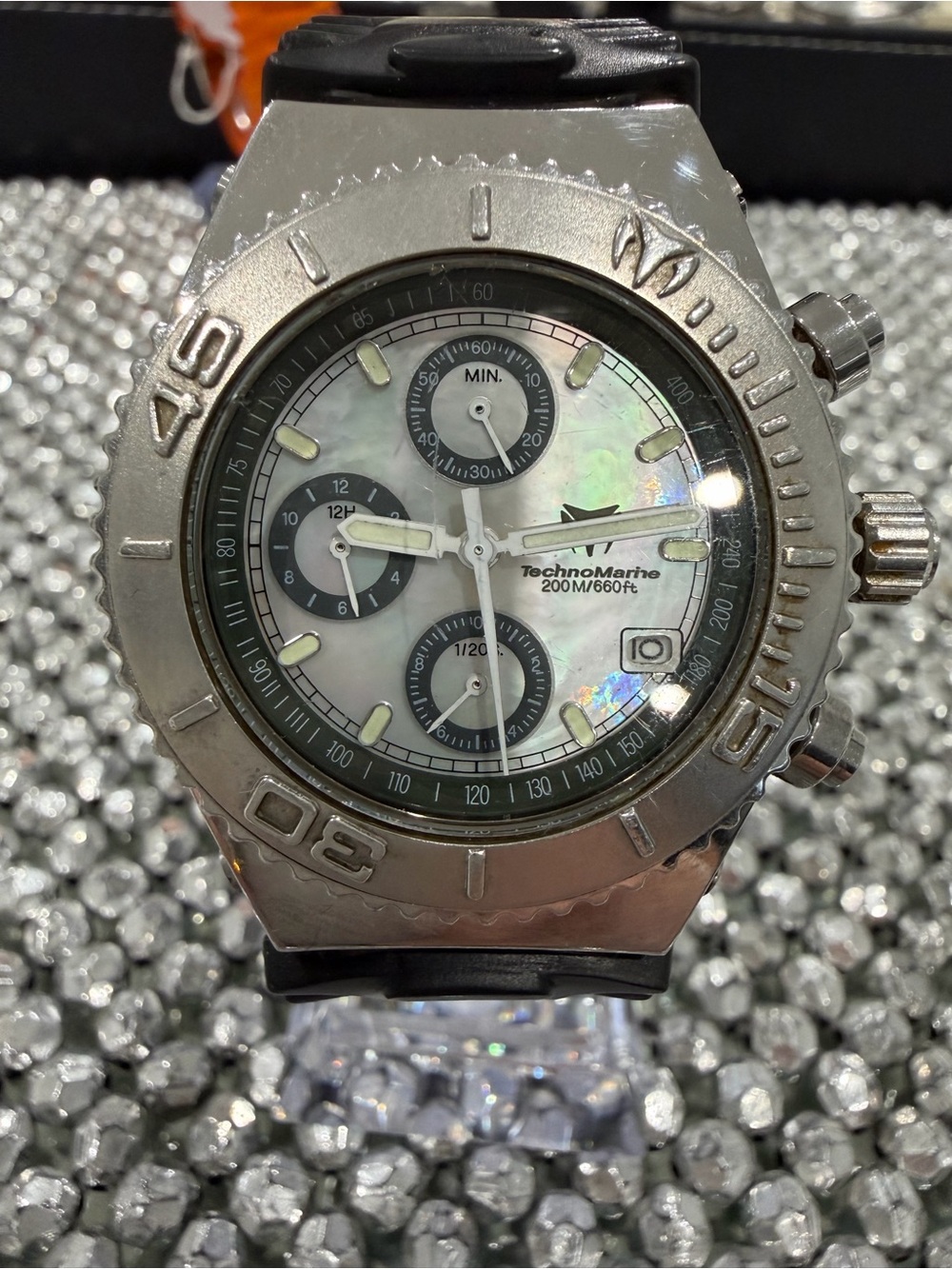 Technomarine Silver Watch with Mother-of-Pearl Dial and Black Accents
